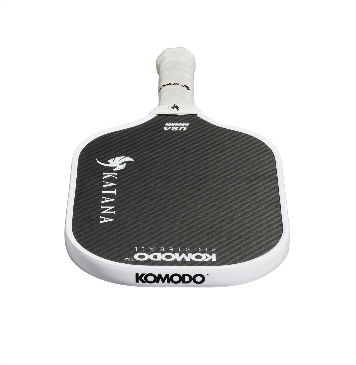 Komodo 16mm white & black Katana pickleball paddle on a white background