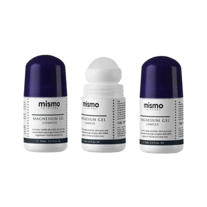 Three bottles of Mismo magnesium gel complex on a white background