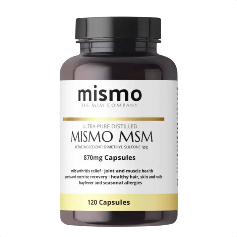 mismo msm ultra-pure distilled msm capsules-870mg-dark brown jar with black lid-on white background