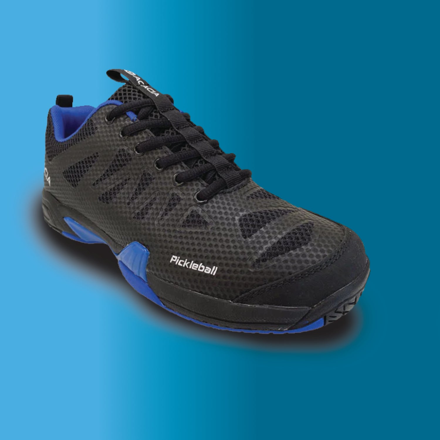ProShot (Black) pickleball shoe with blue accents on a blue/teal background